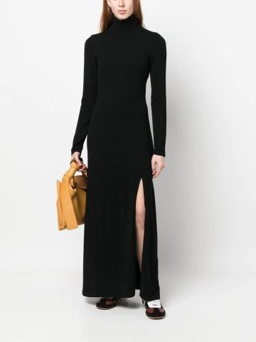Black long-sleeved knit dress with slit
