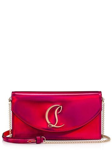 Fuchsia patent leather clutch with logo