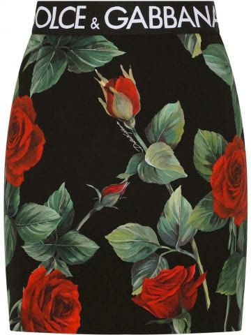 Multicolor rose-print stretch-silk mini skirt