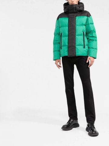 Black and green down jacket with logo print