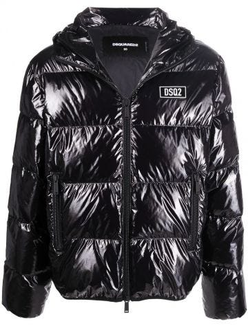 Black down jacket with front logo applique