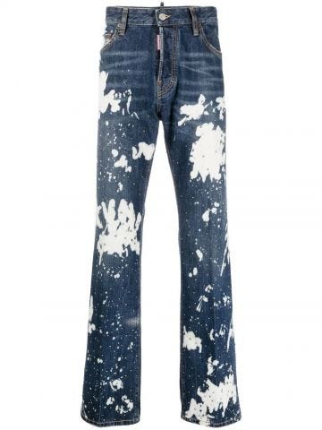 Blue straight jeans with patent leather effect