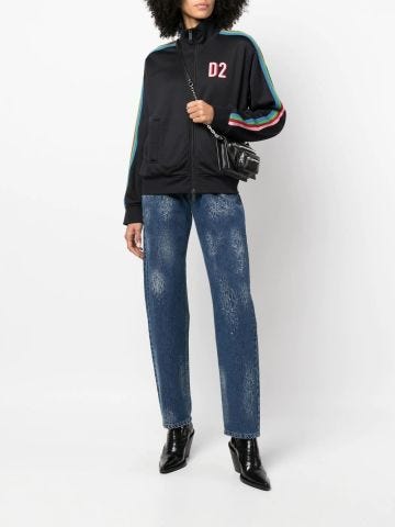 Black sweatshirt with zip and multicoloured side band