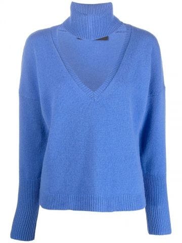 Blue detachable-collar V-neck jumper