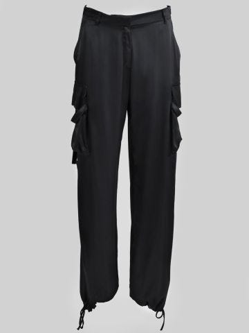 Black satin cargo trousers