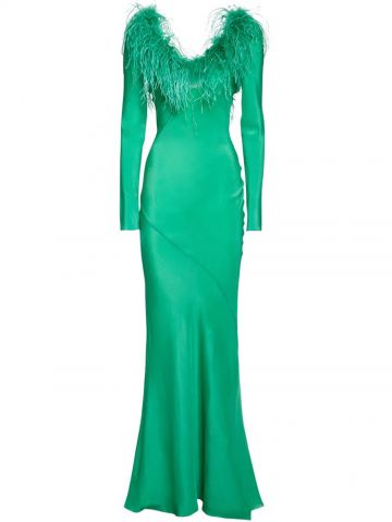 Green long dress with feather appliqué
