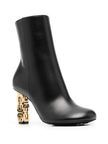Black G Cube leather ankle boot with gold heel