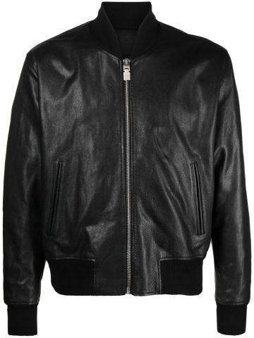 Black leather jacket with zipper and logo stitched on the back