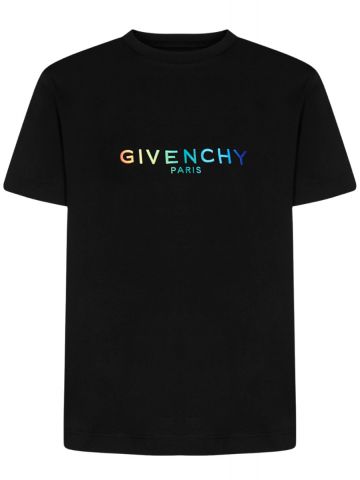 T-shirt nera con stampa logo lettering multicolore