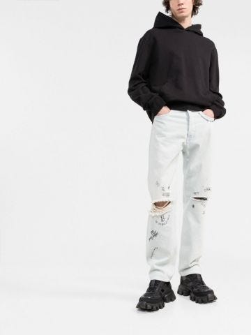 Blue distressed-effect text-print straight-leg jeans