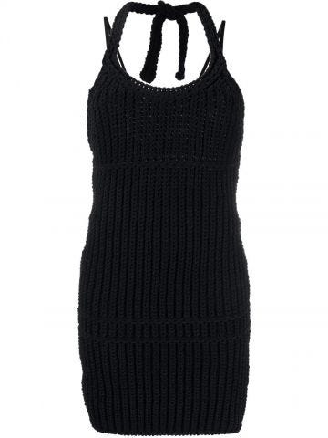 Black ribbed-knit halterneck minidress
