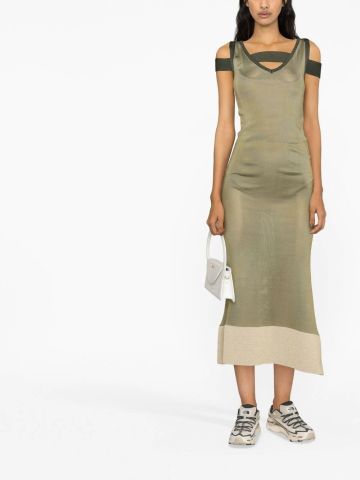 Green midi dress with V-neck and shoulder band