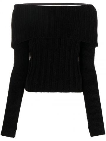 Black off-shoulder ribbed-knit jumper