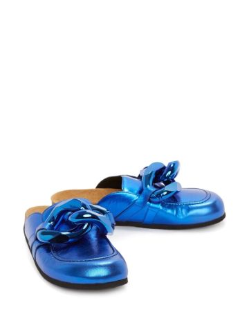 Chain metallic blue leather slippers