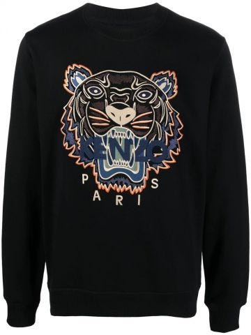 Tiger Head embroidery black crew neck Sweatshirt