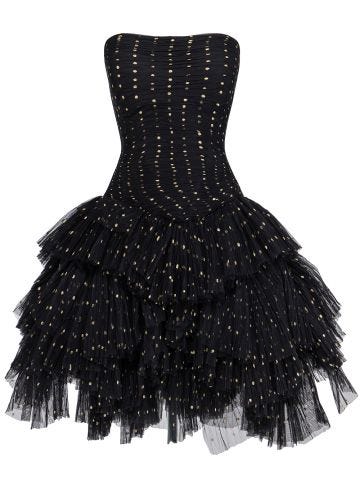 Black polka dot gold short strapless dress with tulle ruffles
Strapless
