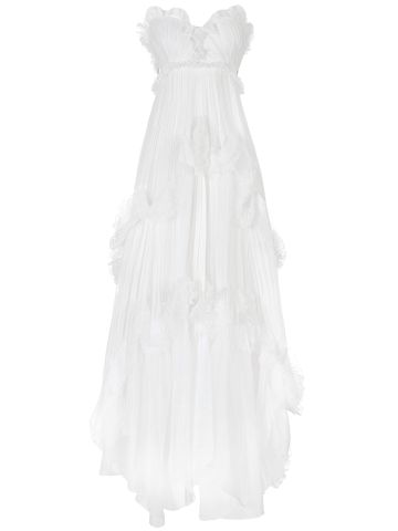 White long dress with sweetheart neckline and ruffles