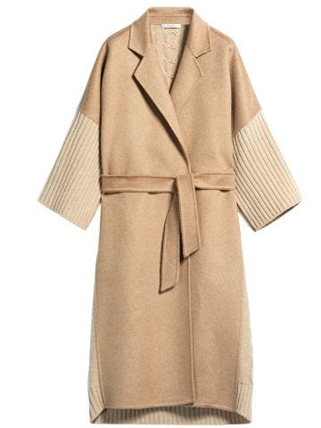 Cesy beige long coat with knitted inserts