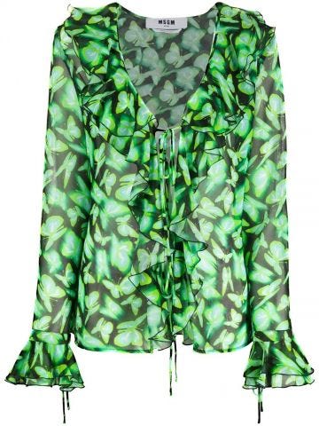 Green graphic-print ruffle-detail blouse