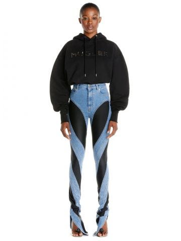Bi-material spiral skinny jeans