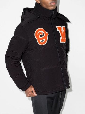 Down jacket with logo patch