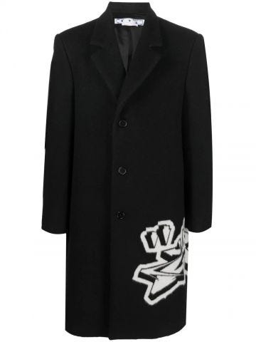 Black single-breasted long coat with logo