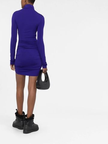 Purple ruched long-sleeved mini dress with logo