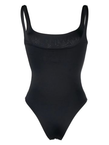 High-cut black swimming costume with logo print
