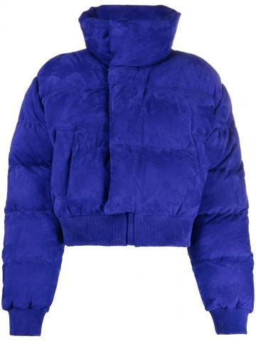 Purple cropped suede puffer jacket