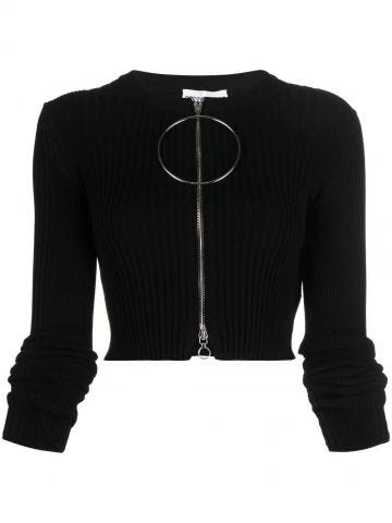 Black ribbed-knit zip-up cardigan