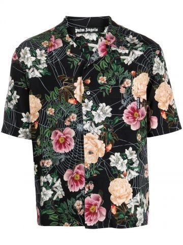 Multicoloured short-sleeved shirt with flower and spider web print