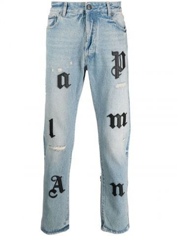 Distressed blue straight-leg jeans
