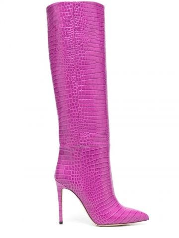 Crocodile-effect knee-length fuchsia pink boots