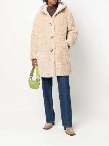 Beige fur coat with hood