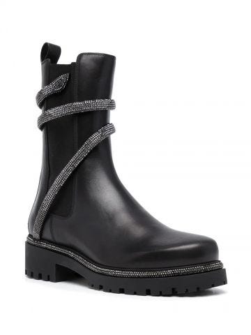 Black snake-embellished leather ankle boots