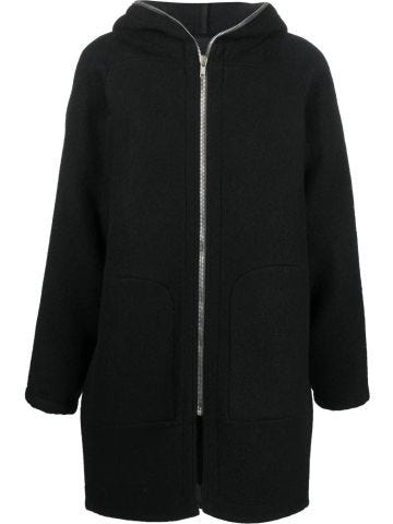 Black coat with hood and zipper closure