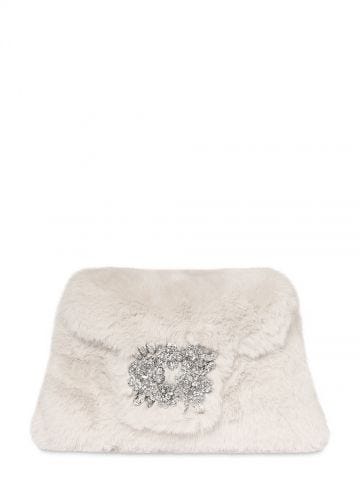 White faux fur microdrapé bag with rhinestone bouquet buckle