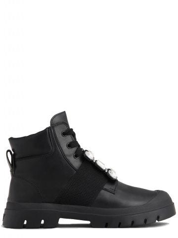 Walky Viv' Lace Up Strass Buckle Booties in black leather