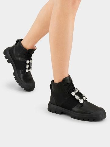 Walky Viv' Lace Up Strass Buckle Booties in black leather