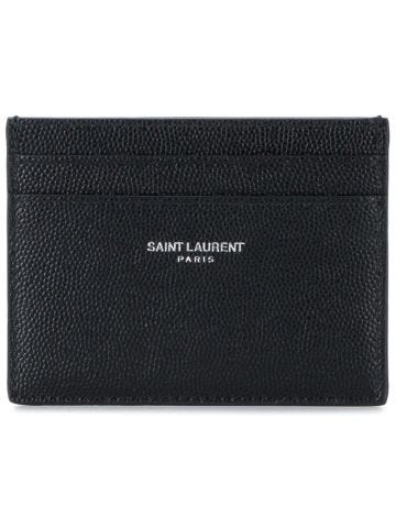 Black grained leather card case with logo print
