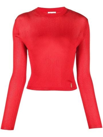 Red ribbed sweater with long sleeves