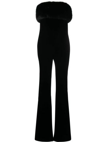 Black velvet one-piece jumpsuit with strapless fur