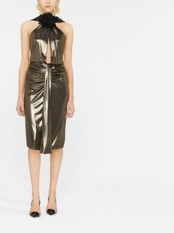 Gold short dress with floral detail and laminated finish