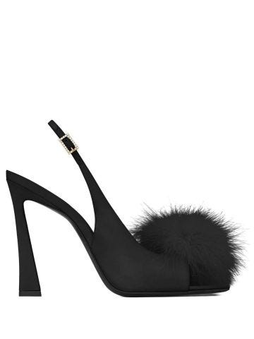 Black satin sandals with faux fur detail