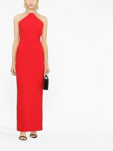 Long red dress with American neckline and jewel detail