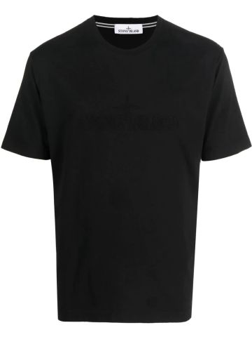Black cotton T-shirt with ton sur ton embroidered logo