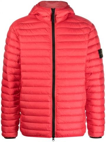 Hooded red down jacket