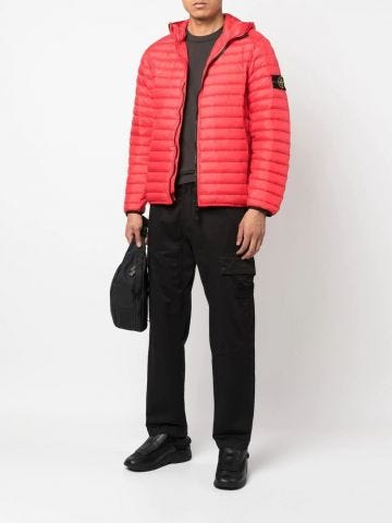 Hooded red down jacket