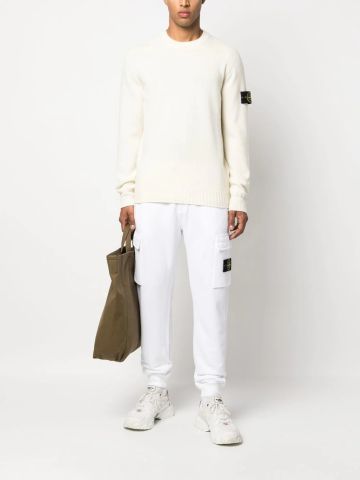 White crewneck sweater with Compass logo applique