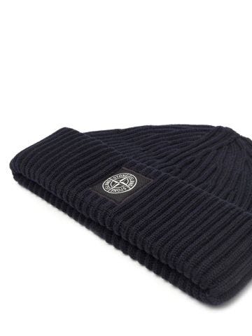 Blue logo-patch ribbed beanie